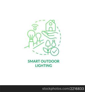 Smart outdoor lighting green gradient concept icon. Gardening innovation abstract idea thin line illustration. Saving money on power. Isolated outline drawing. Myriad Pro-Bold font used. Smart outdoor lighting green gradient concept icon