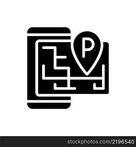 Smart parking black glyph icon. Location on GPS, mobile application. Internet of Things. Smart appliance tech. Silhouette symbol on white space. Solid pictogram. Vector isolated illustration. Smart parking black glyph icon