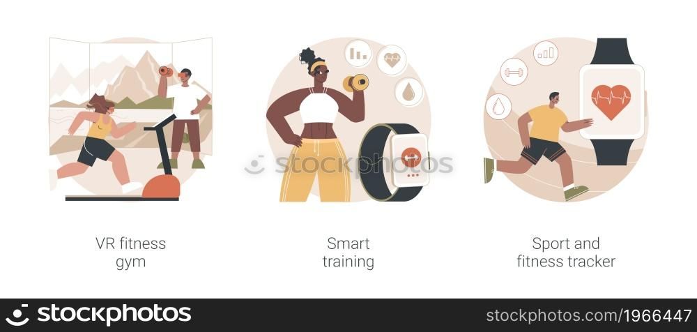 Smart personal training technologies abstract concept vector illustration set. VR fitness gym, smart experience, sport and fitness tracker, fit coaching application, health monitor abstract metaphor.. Smart personal training technologies abstract concept vector illustrations.