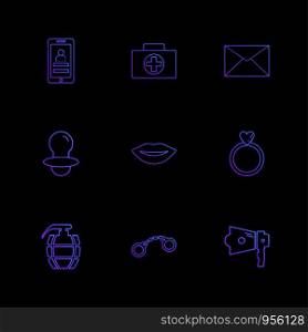 smart phone , breifcase , message , nipple , lips , ring, gernade , handcuffs , speaker , icon, vector, design, flat, collection, style, creative, icons