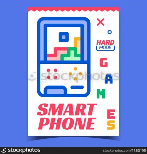 Smart Phone Creative Advertising Banner Vector. Phone Device For Playing Video Games. Electronic Gadget With Screen And Remote Buttons Concept Template Stylish Colorful Illustration. Smart Phone Creative Advertising Banner Vector