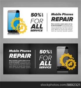 Smart phone device repair banner with gears and mobile phone. Smart phone repair banner