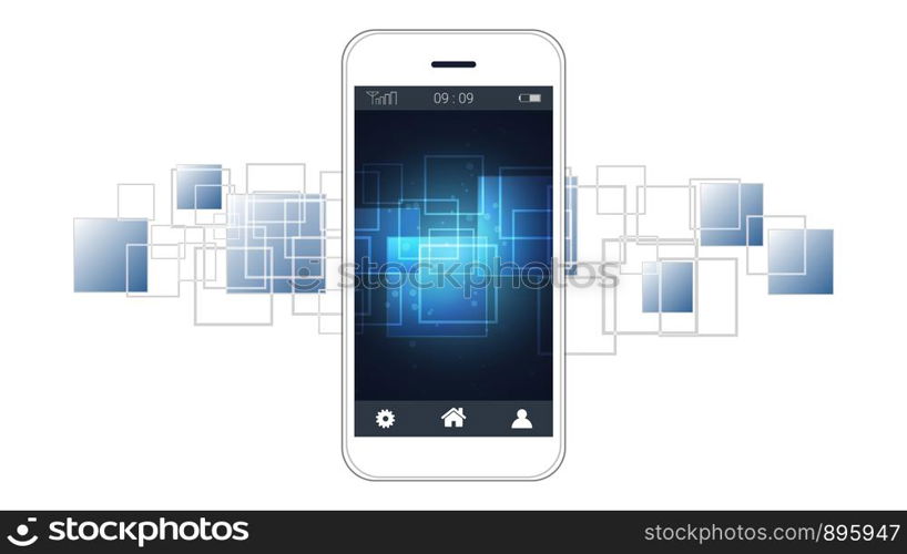 Smart phone screen showing digital circuit boards background, Symbol of International communication, Social media and devices technology which spans the entire earth.