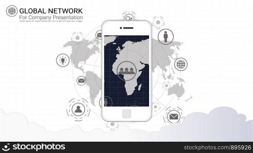 Smart phone screen with Global network connection background, Symbol of International communication, Social media and Digital device technology which spans the entire earth.