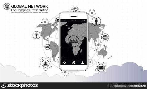 Smart phone screen with Global network connection background, Symbol of International communication, Social media and Digital device technology which spans the entire earth.