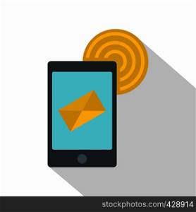 Smart phone sending email icon. Flat illustration of smart phone sending email vector icon for web isolated on white background. Smart phone sending email icon, flat style