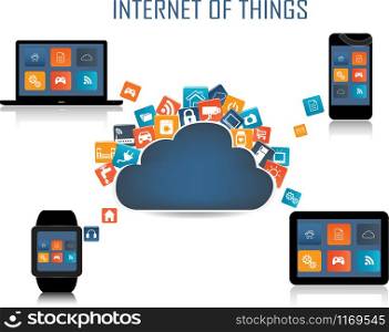 Smart phone, Tablet, Laptop, Smartwatch and Internet of things concept. Smart Home Technology Internet networking concept. Internet of things cloud with apps. Cloud Apps