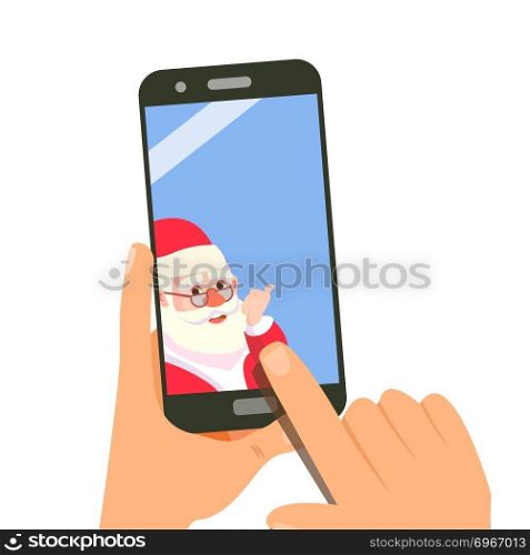 Smart Phone With Cute Santa Vector. Merry Christmas And Happy New Year. Shopping Sale Concept. Isolated Illustration. Smart Phone With Santa Vector. Merry Christmas And Happy New Year. Social Technology. Application. Isolated Illustration