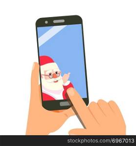 Smart Phone With Cute Santa Vector. Merry Christmas And Happy New Year. Shopping Sale Concept. Isolated Illustration. Smart Phone With Santa Vector. Merry Christmas And Happy New Year. Social Technology. Application. Isolated Illustration