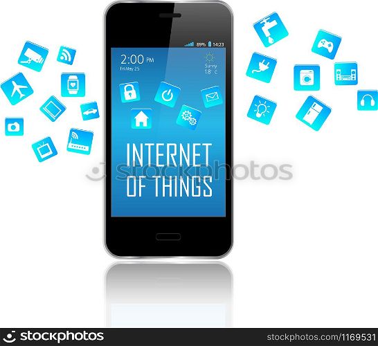 Smart phone with Internet of things (IoT) objects icon connecting together. Internet networking concept. Application coming out from Smart Phone white background. Internet of things