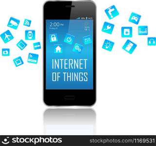 Smart phone with Internet of things (IoT) objects icon connecting together. Internet networking concept. Application coming out from Smart Phone white background. Internet of things