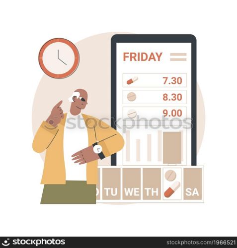 Smart pill boxes abstract concept vector illustration. App controlled medication tool, drug reminder device, set disease medication schedule, monitoring system smart technology abstract metaphor.. Smart pill boxes abstract concept vector illustration.