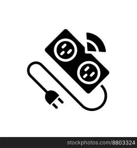 Smart power strip black glyph icon. Automatic multi plug device. Appliance for home. Surge protector. Extension cord. Silhouette symbol on white space. Solid pictogram. Vector isolated illustration. Smart power strip black glyph icon