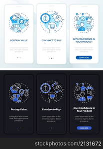 Smart pricing strategy night and day mode onboarding mobile app screen. Walkthrough 3 steps graphic instructions pages with linear concepts. UI, UX, GUI template. Myriad Pro-Bold, Regular fonts used. Smart pricing strategy night and day mode onboarding mobile app screen