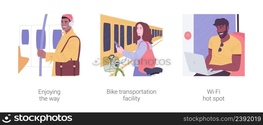 Smart public transport isolated cartoon vector illustrations set. Man in metro enjoying the music in headphones on the way, city bike transportation facility, Wi-Fi hot spot in a bus vector cartoon.. Smart public transport isolated cartoon vector illustrations set.