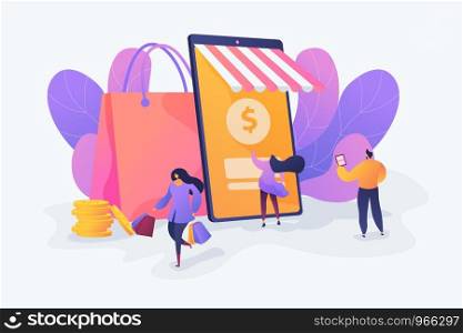 Smart retail, retail mobility solutions, IoT and smart city concept. Vector isolated concept illustration with tiny people and floral elements. Hero image for website.. Smart retail in smart city concept illustration.