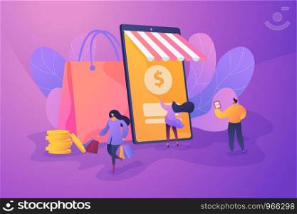 Smart retail, retail mobility solutions, IoT and smart city concept. Vector isolated concept illustration with tiny people and floral elements. Hero image for website.. Smart retail in smart city concept illustration.