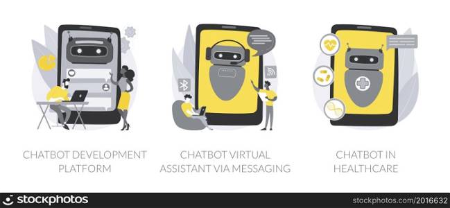 Smart robot abstract concept vector illustration set. Chatbot development platform, virtual assistant, artificial intelligence in healthcare, mobile application programming abstract metaphor.. Smart robot abstract concept vector illustrations.