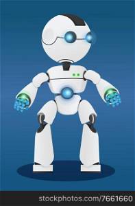 Smart robot, mechanical artificial agent. Innovation like autonomous machine capable to make decisions by itself. Cyber interface of android. Vector illustration of modern technologies in flat style. Smart Robot with Interface, Modern Technologies