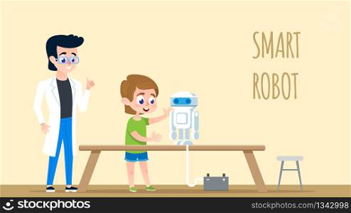 Smart Robot Programming. Young Teacher with School Boy Learning how Repair Robotic Hardware Equipment. Artificial Intelligence Workshop. Modern Teamwork Research and Construction Hobby.. Smart Robot Programming. Young Teacher with Boy