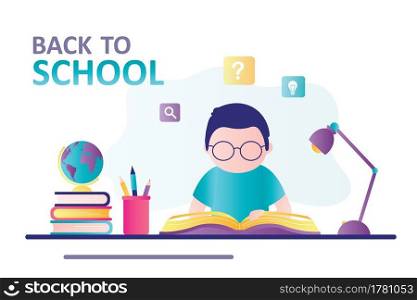 Smart schoolboy reading textbook. Boy student sits at workplace, child is doing homework. Concept of back to school, education. Stationery, books and supplies on table. Flat design vector illustration. Smart schoolboy reading textbook. Boy student sits at workplace, child is doing homework. Back to school, education