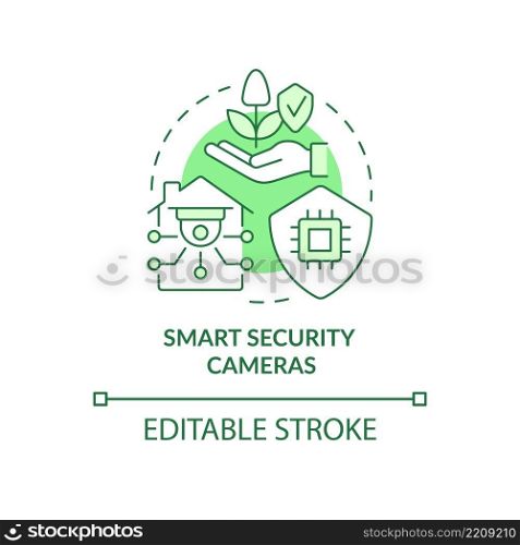 Smart security cameras green concept icon. Monitoring activity around house abstract idea thin line illustration. Isolated outline drawing. Editable stroke. Arial, Myriad Pro-Bold fonts used. Smart security cameras green concept icon