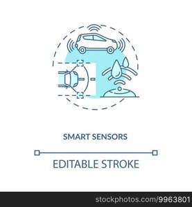 Smart sensors concept icon. Industry 4.0 trend idea thin line illustration. IoT components. Monitoring internal signals for faults evidence. Vector isolated outline RGB color drawing. Editable stroke. Smart sensors concept icon