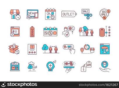 Smart shopping RGB color icons set. Selling technology online. Seasonal sale. Save money on buying products. Cut price. E-commerce and internet retail. Isolated vector illustrations. Smart shopping RGB color icons set