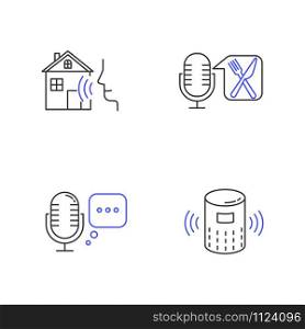 Smart speaker linear icons set. Voice command device. Virtual assistant. Wireless modern digital gadget. Thin line contour symbols. Isolated vector outline illustrations. Editable stroke