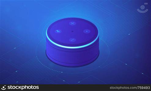 Smart speaker with voice control. Smart home controller, voice commands and smart devices management. Internet of things concept. Blue violet background. Vector 3d isometric illustration.. Isometric smart home controller illustration