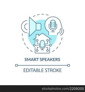 Smart speakers turquoise concept icon. Smart home gadget abstract idea thin line illustration. Control home with voice. Isolated outline drawing. Editable stroke. Arial, Myriad Pro-Bold fonts used. Smart speakers turquoise concept icon