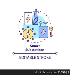 Smart substations concept icon. Integrate intelligent grids abstract idea thin line illustration. Isolated outline drawing. Editable stroke. Roboto-Medium, Myriad Pro-Bold fonts used. Smart substations concept icon