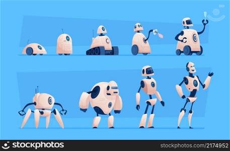 Smart technic evolution. Cyborg home chatbot android from steel exact vector flat characters isolated. Illustration mechanical robotic, automation robot. Smart technic evolution. Cyborg home chatbot android from steel exact vector flat characters isolated