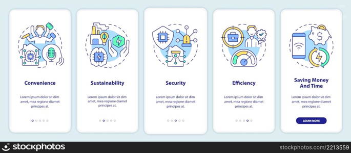 Smart technologies advantages onboarding mobile app screen. Efficiency walkthrough 5 steps graphic instructions pages with linear concepts. UI, UX, GUI template. Myriad Pro-Bold, Regular fonts used. Smart technologies advantages onboarding mobile app screen