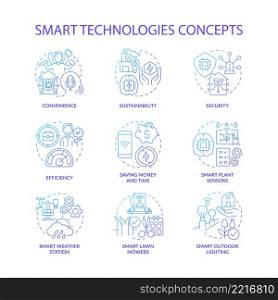 Smart technologies blue gradient concept icons set. Security and efficiency idea thin line color illustrations. Smart plant sensors. Isolated symbols. Roboto-Medium, Myriad Pro-Bold fonts used. Smart technologies blue gradient concept icons set