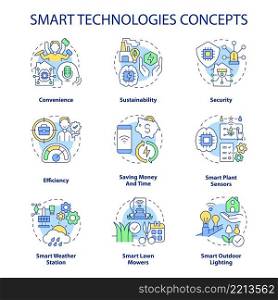 Smart technologies concept icons set. Iot devices idea thin line color illustrations. Saving money and time. Convenience. Isolated symbols. Editable stroke. Roboto-Medium, Myriad Pro-Bold fonts used. Smart technologies concept icons set