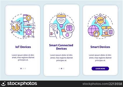 Smart technologies examples onboarding mobile app screen. Iot devices walkthrough 3 steps graphic instructions pages with linear concepts. UI, UX, GUI template. Myriad Pro-Bold, Regular fonts used. Smart technologies examples onboarding mobile app screen