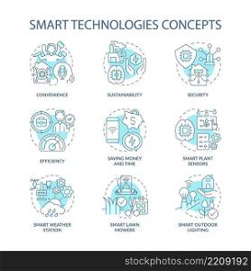 Smart technologies turquoise concept icons set. Iot devices idea thin line color illustrations. Sustainable solution. Isolated symbols. Editable stroke. Roboto-Medium, Myriad Pro-Bold fonts used. Smart technologies turquoise concept icons set