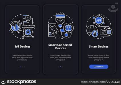 Smart technologies types night mode onboarding mobile app screen. Walkthrough 3 steps graphic instructions pages with linear concepts. UI, UX, GUI template. Myriad Pro-Bold, Regular fonts used. Smart technologies types night mode onboarding mobile app screen