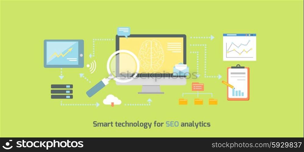 Smart technology for SEO analytics icon flat. Web business, optimization internet information, data and development, marketing chart, search and analysis illustration
