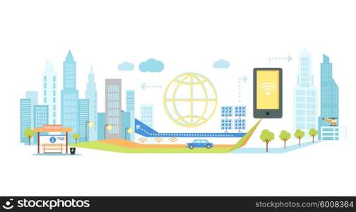 Smart technology in infrastructure of the city. Icon and network system, communication innovation town, connection and future, control information, internet illustration. Smart technology concept