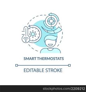 Smart thermostats turquoise concept icon. Operating air conditioner remotely abstract idea thin line illustration. Isolated outline drawing. Editable stroke. Arial, Myriad Pro-Bold fonts used. Smart thermostats turquoise concept icon