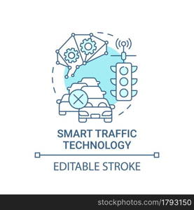 Smart traffic technology blue concept icon. Roadway moving control abstract idea thin line illustration. Way of city traffic jam abolition. Vector isolated outline color drawing. Editable stroke. Smart traffic technology blue concept icon