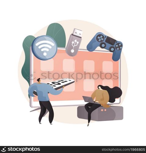 Smart TV accessories abstract concept vector illustration. Wireless accessories, smart TV application, interactive entertainment, gaming tools, home cinema device, sound system abstract metaphor.. Smart TV accessories abstract concept vector illustration.