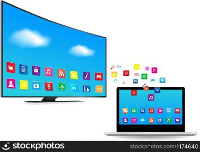 Smart TV and Laptop with Apps Application coming out from Laptop and Smart TV on white background