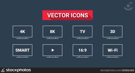 Smart TV. TV features  3D, 4K, 8K, 16 9, Wi-Fi. Flat style. TV icons vector set. Vector Illustration