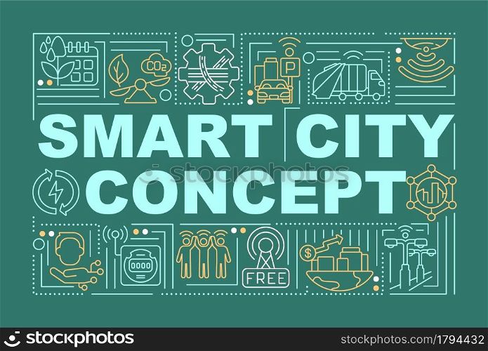 Smart urban area word concepts banner. Intelligent management of city. Infographics with linear icons on green background. Isolated creative typography. Vector outline color illustration with text. Smart urban area word concepts banner