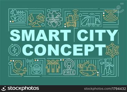 Smart urban area word concepts banner. Intelligent management of city. Infographics with linear icons on green background. Isolated creative typography. Vector outline color illustration with text. Smart urban area word concepts banner