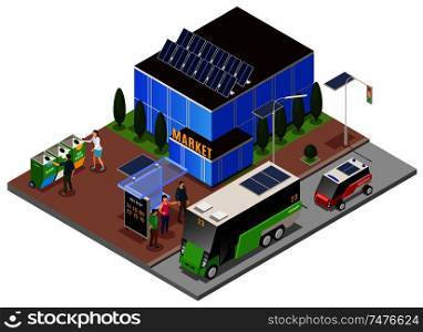 Smart urban ecology isometric composition with building solar batteries and refuse bins with electric omnibus stop vector illustration