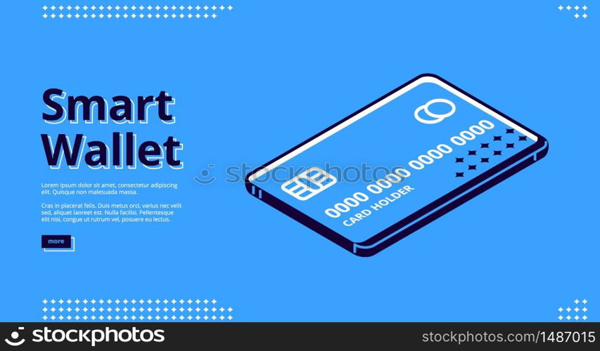 Smart wallet banner. Mobile payment concept. Vector landing page of electronic finance with isometric icon of virtual banking card on smartphone screen on blue background. Landing page of smart wallet, mobile payment